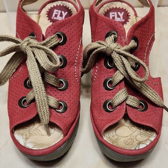 Fly London Ylfa Red Tan Wedge Sandals Women 11 US 42EU Laces 2.5" Heel Open Toe - Picture 3 of 8